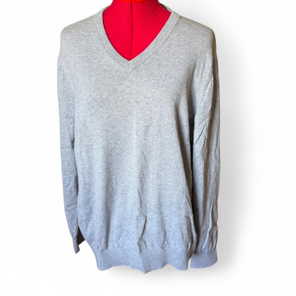 LL Bean Light Grey V Neck Cotton Cashmere Sweater Size Large Classic Minimalist